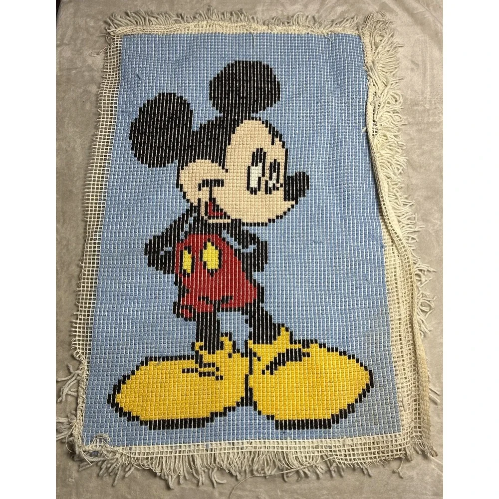Vintage Latch Hook Rug Mickey Mouse Disney Wall Accent Decor 24x32